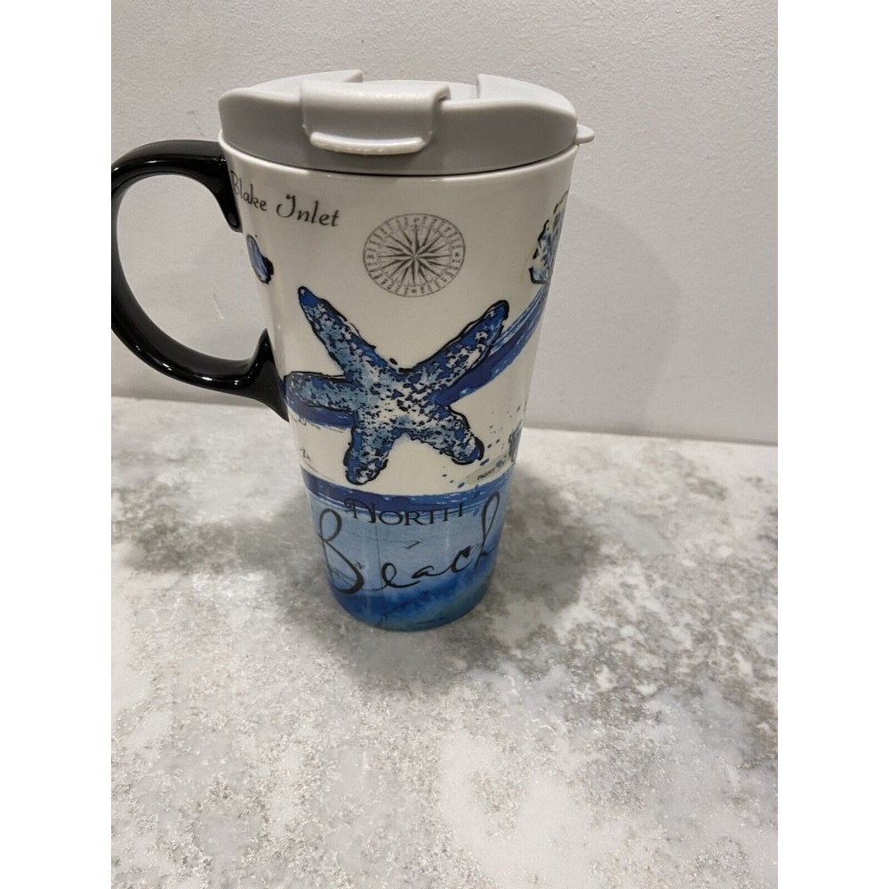 Cypress Home ceramic travel coffee mug with (The Best!) lid Blue Starfish 7”